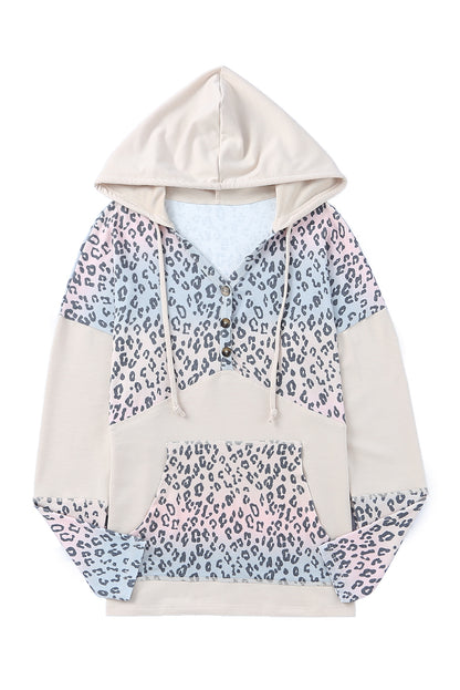 Leopard Patchwork Buttons Hooded Sweatshirt With Pocket | Apricot