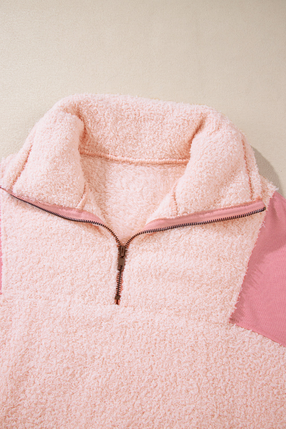 Exposed Seam Fuzzy Patchwork Zip Neck Sweatshirt | Pink