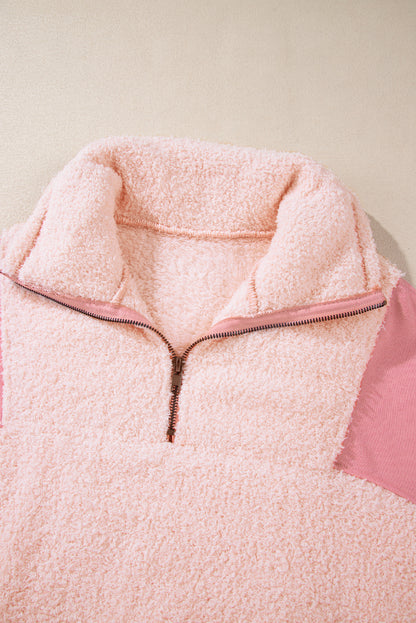 Exposed Seam Fuzzy Patchwork Zip Neck Sweatshirt | Pink