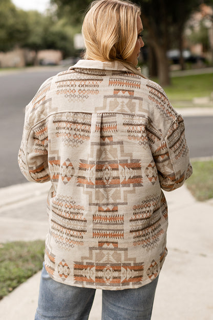 Aztec Geometric Print Pockets Plus Size Jacket | White