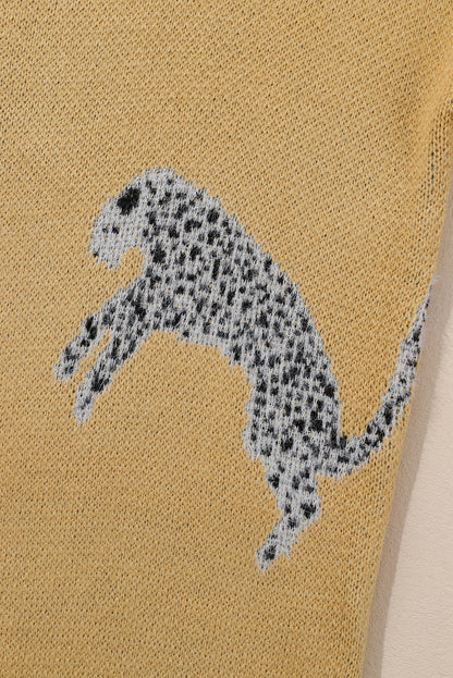 Fuzzy Cheetah Accent Round Neck Sweater | Camel