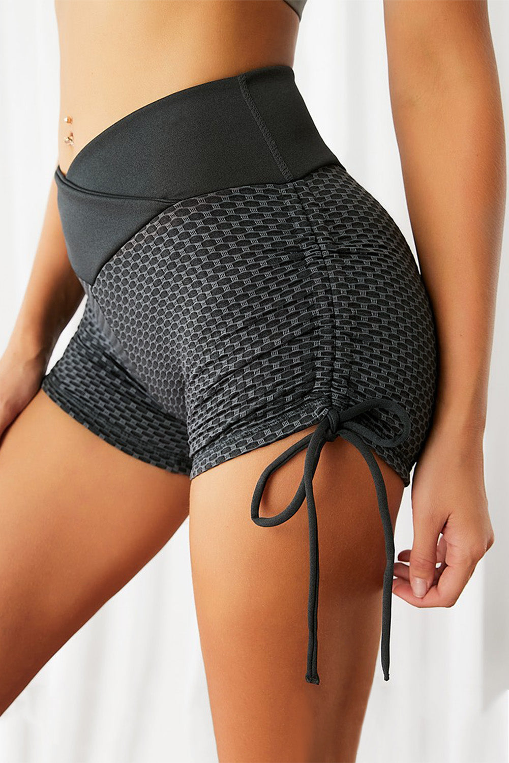 Side Drawstring Anti Cellulite High Waist Scrunch Butt Lift Shorts | Black