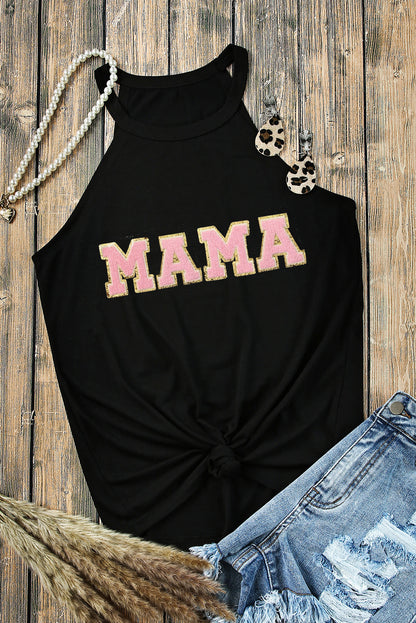 Mama Chenille Patched O Neck Tank Top | Black