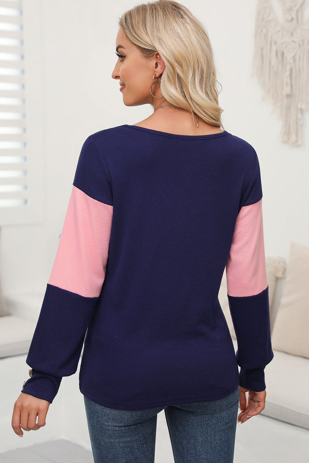 Colourblock Button Decor Long Sleeve V Neck Top | Blue Stripe