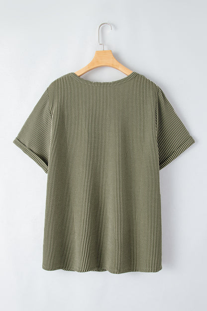 Plus Size Corded V Neck Patch Pocket Tee | Meadow Mist Green