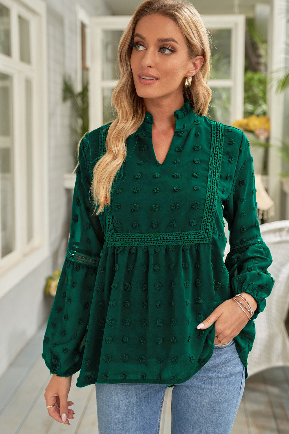 Ruffled Split Neck Lace Hollow Out Puff Sleeve Polka Dot Blouse | Green