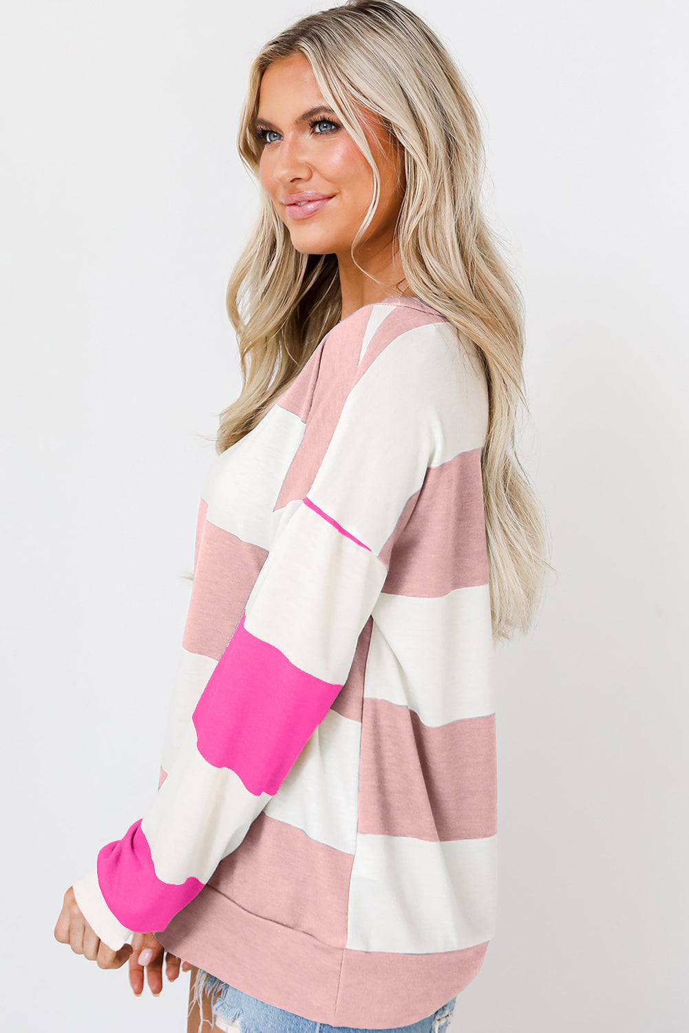 Colourblock Striped Drop Shoulder Long Sleeve Top | Light Pink