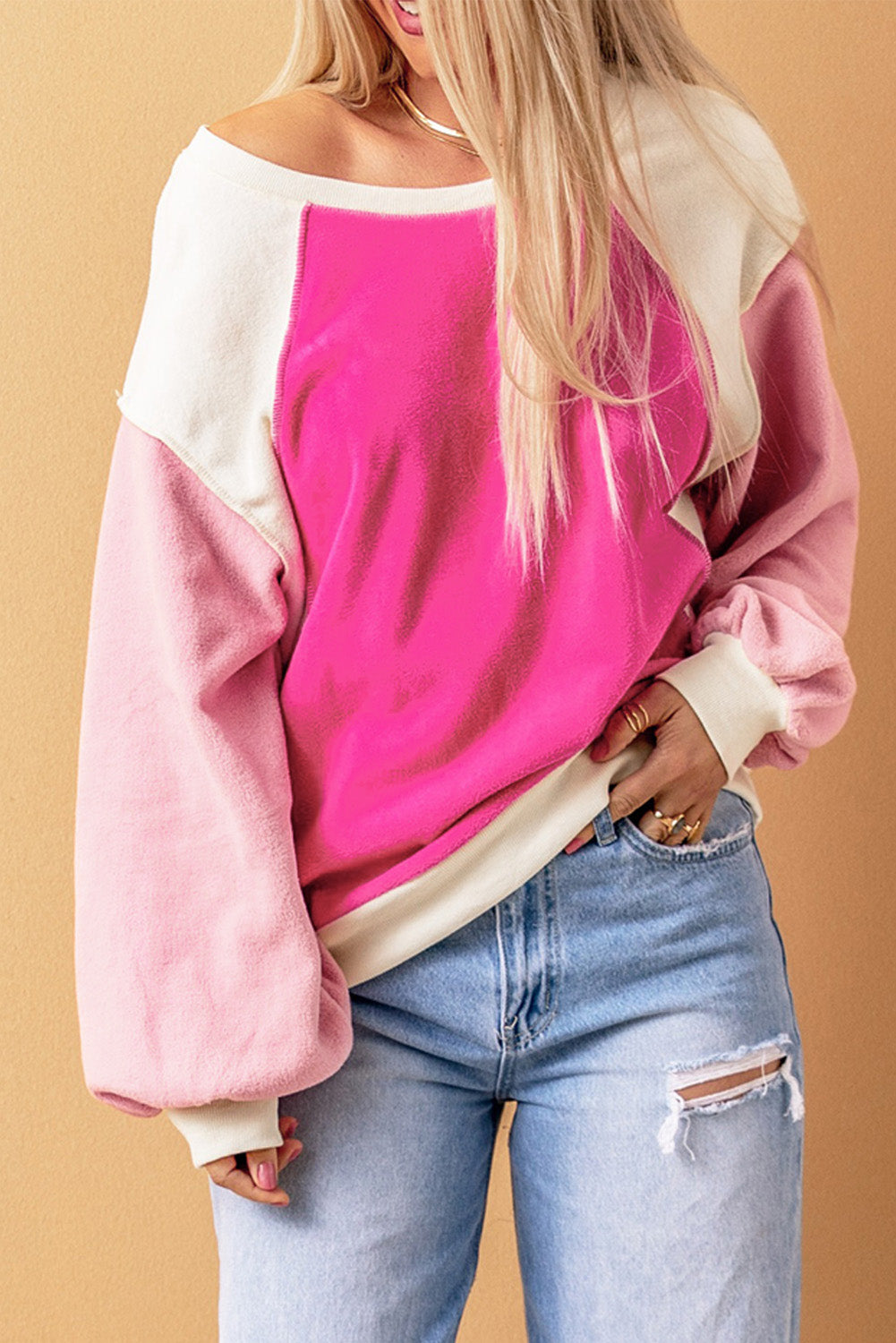 Colourblock Long Sleeve Pullover Fleece Sweatshirt | Rose