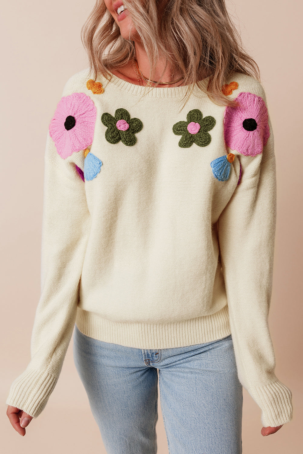 Knitted Flower Pattern Ribbed Edge Sweater | Beige