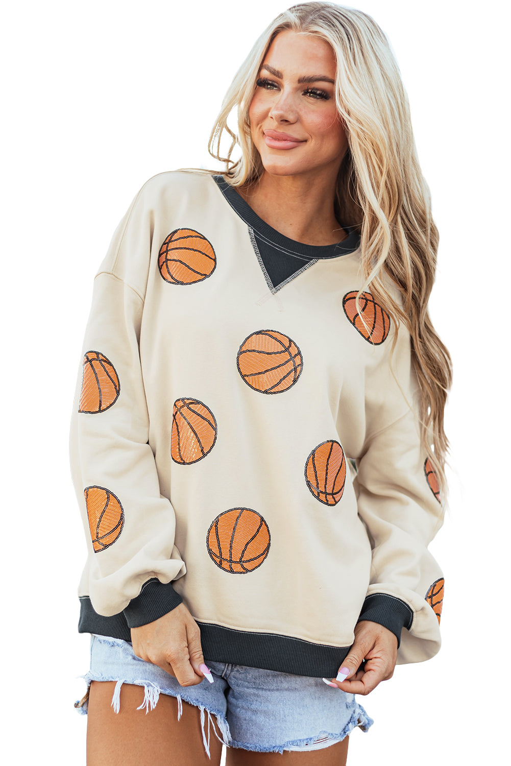 Sequin Basketball Graphic Colourblock Edge Sweatshirt | White