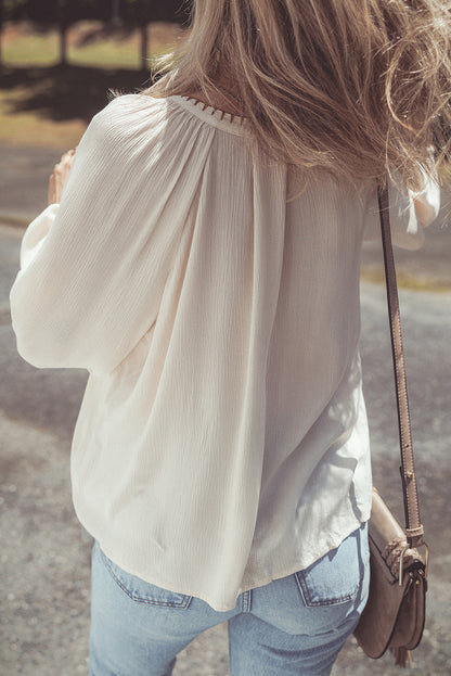 Floral Embroidered Textured Puff Sleeve Loose Shirt | Beige