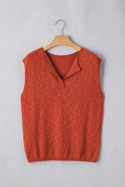 Solid Colour Split V Neck Short Sleeve Sweater | Orange