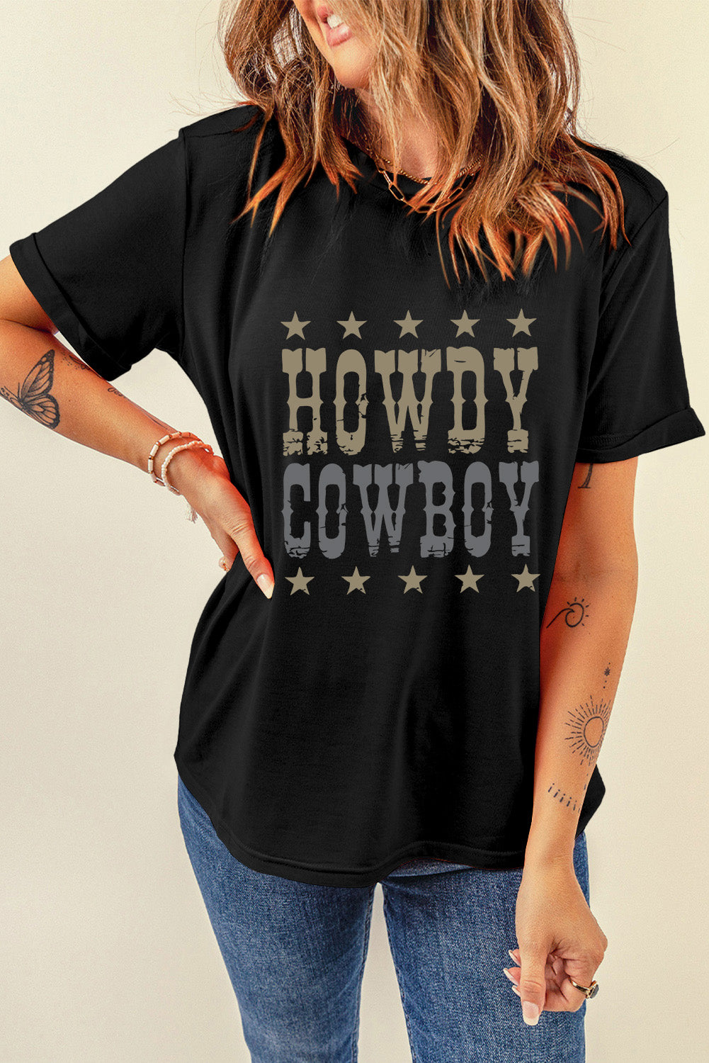 Howdy Cowboy Star Print Crew Neck Loose T Shirt | Black