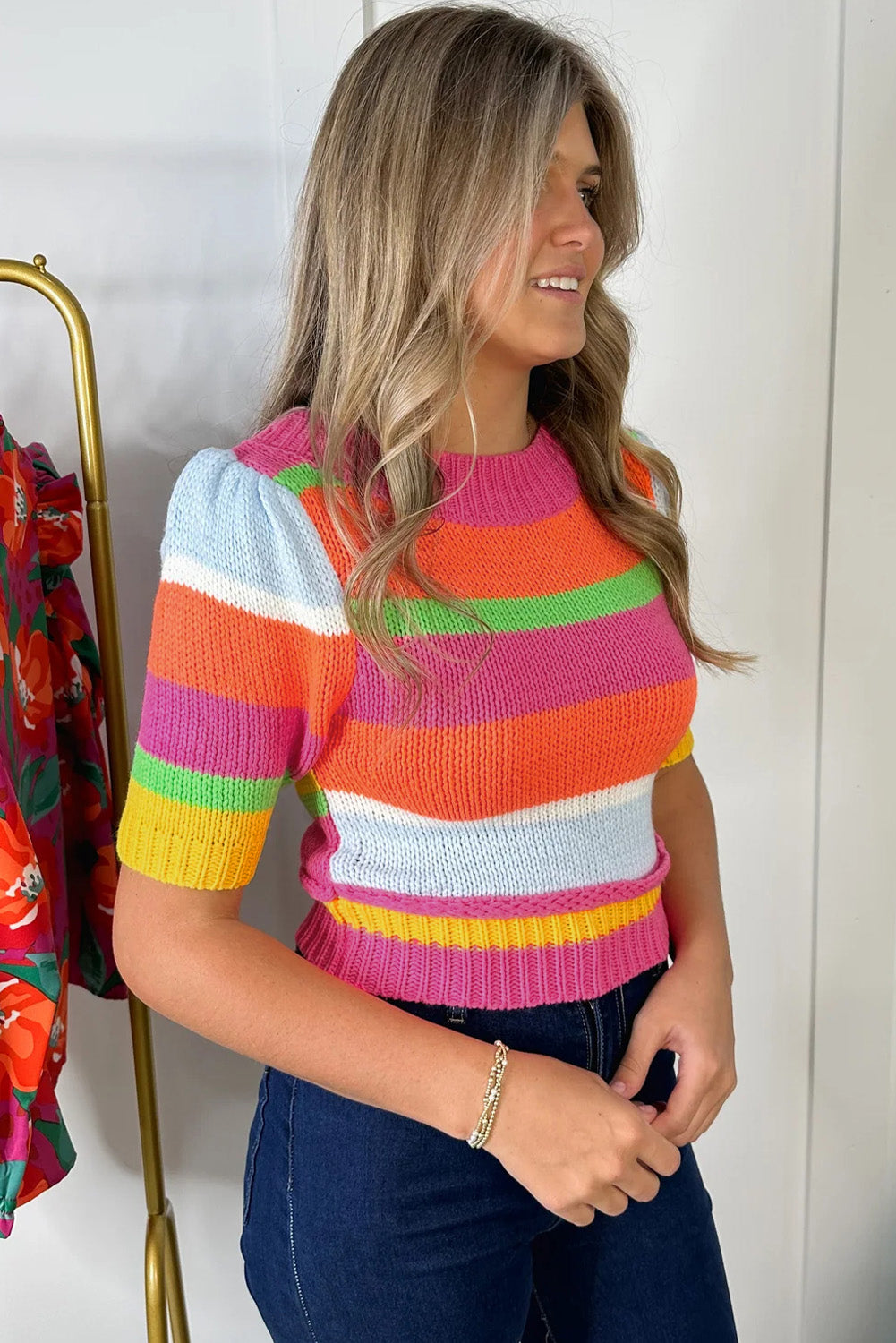 Colour Block Cropped Short Sleeve Sweater | Multicolour