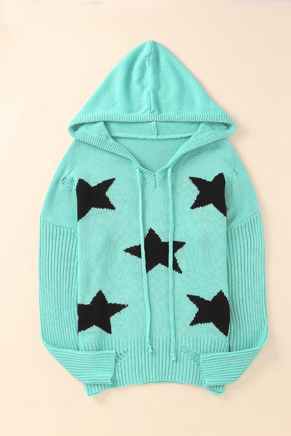 V Neck Star Pattern Hooded Sweater With Slits | Green