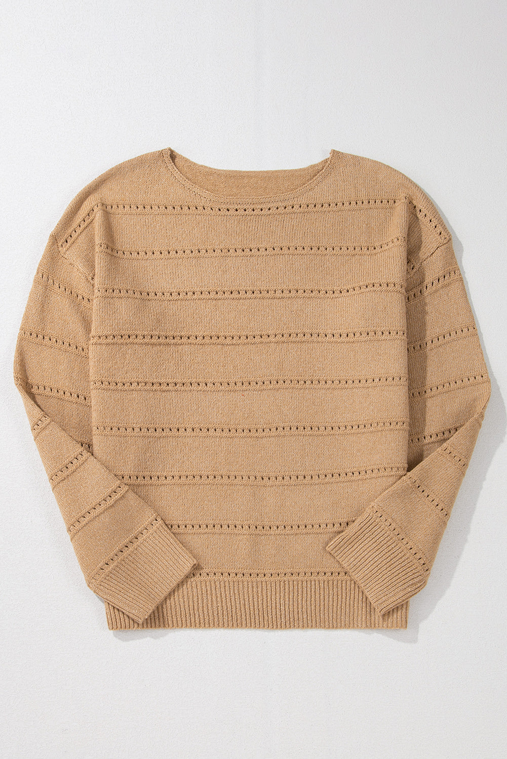 Boat Neck Drop Shoulder Pointelle Knit Sweater | Pale Khaki