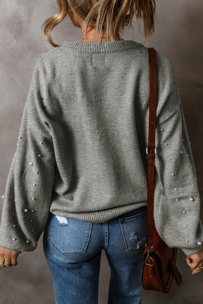 Pearled Drop Shoulder Round Neck Sweater | Light Grey