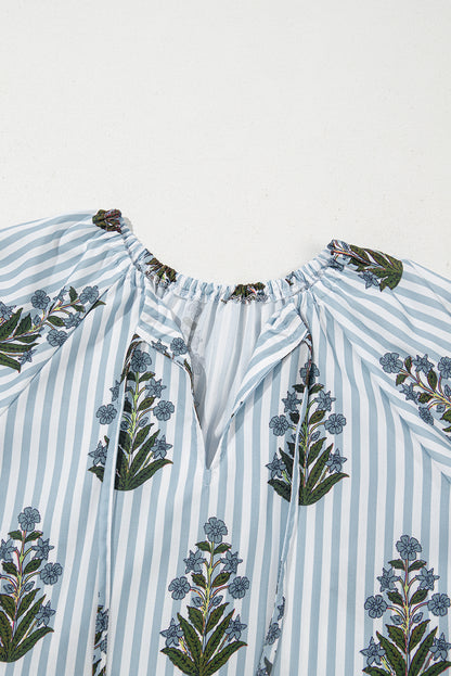 Striped Floral Printed Long Sleeve Tied V Neck Blouse | Beau Blue