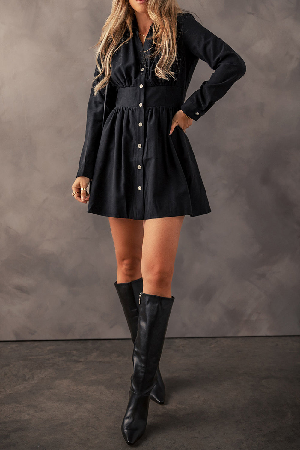 Elastic Cinched High Waist Long Sleeve Shirt Mini Dress | Black