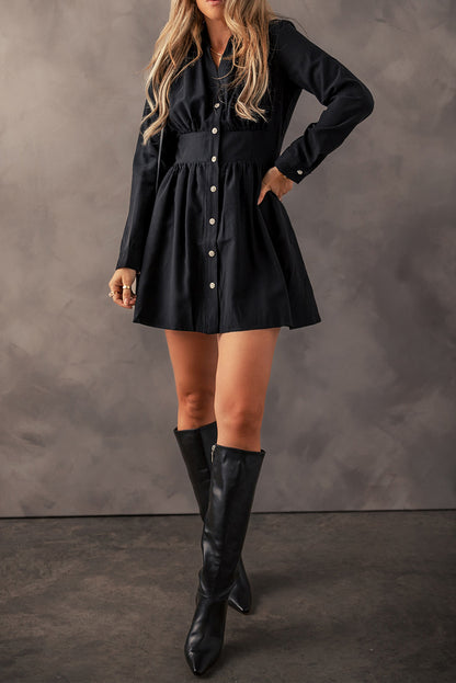 Elastic Cinched High Waist Long Sleeve Shirt Mini Dress | Black