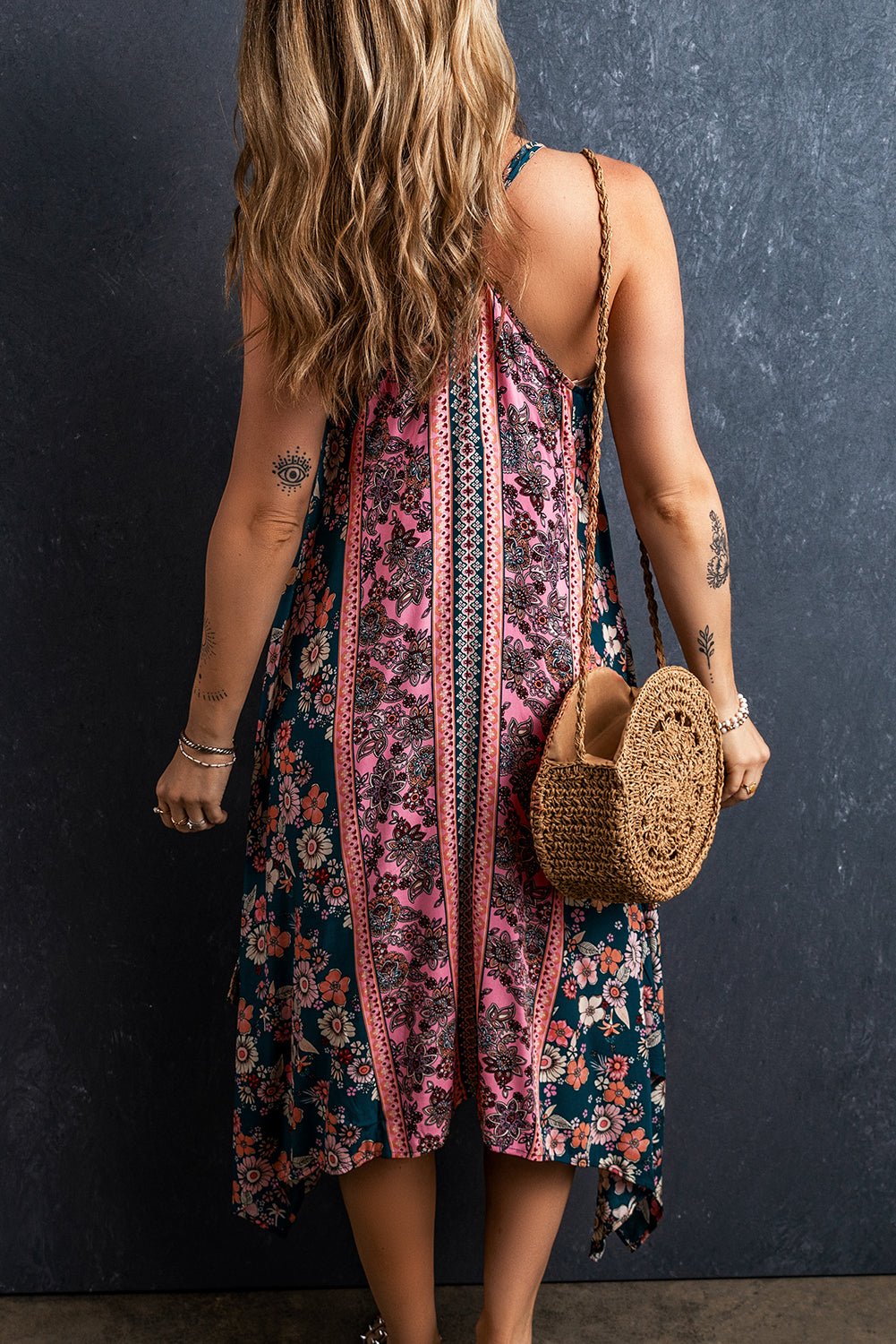 Bohemian Floral Patchwork Print Long Sundress | Pink