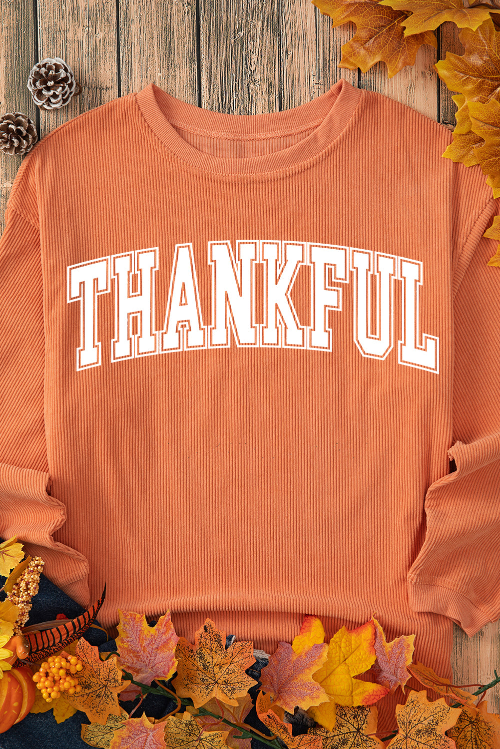 Orange THANKFUL Crew Neck Pullover Sweatshirt