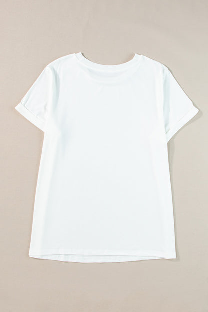 Round Neck Rolled Sleeve Plus Size T-Shirt | White