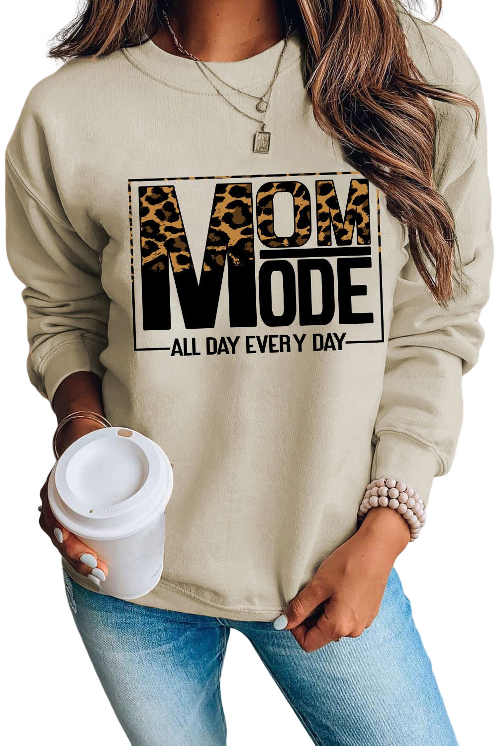 Mom Mode Leopard Print Long Sleeve Sweatshirt | Khaki