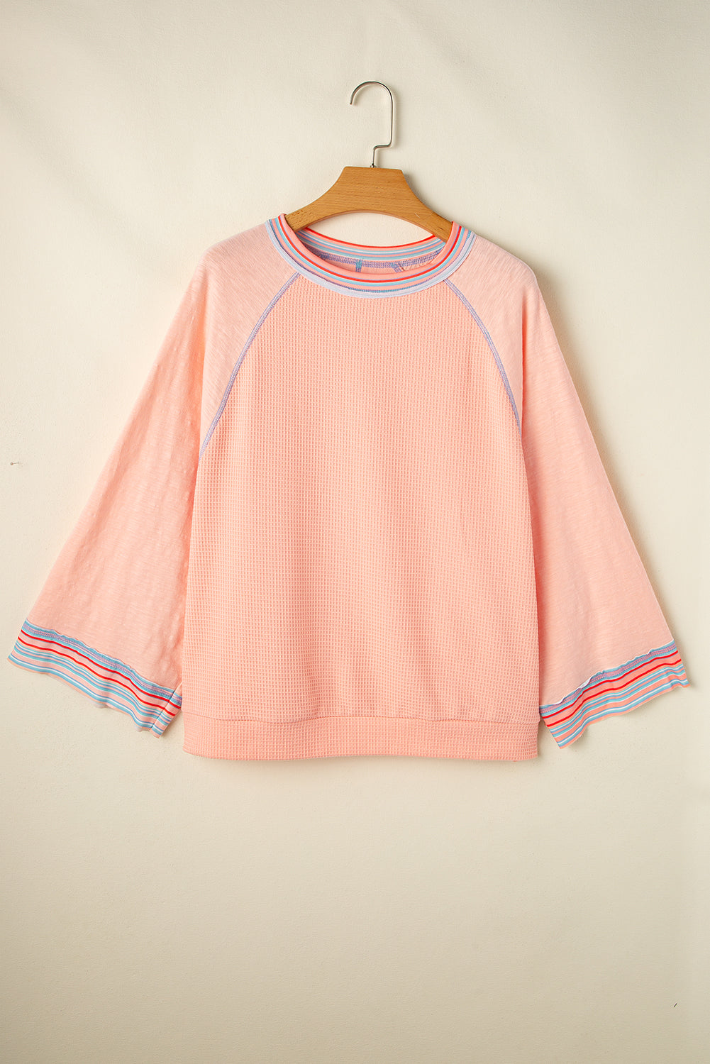 Waffle Knit Wide Bracelet Sleeve Patchwork Raglan Top | Grapefruit Orange