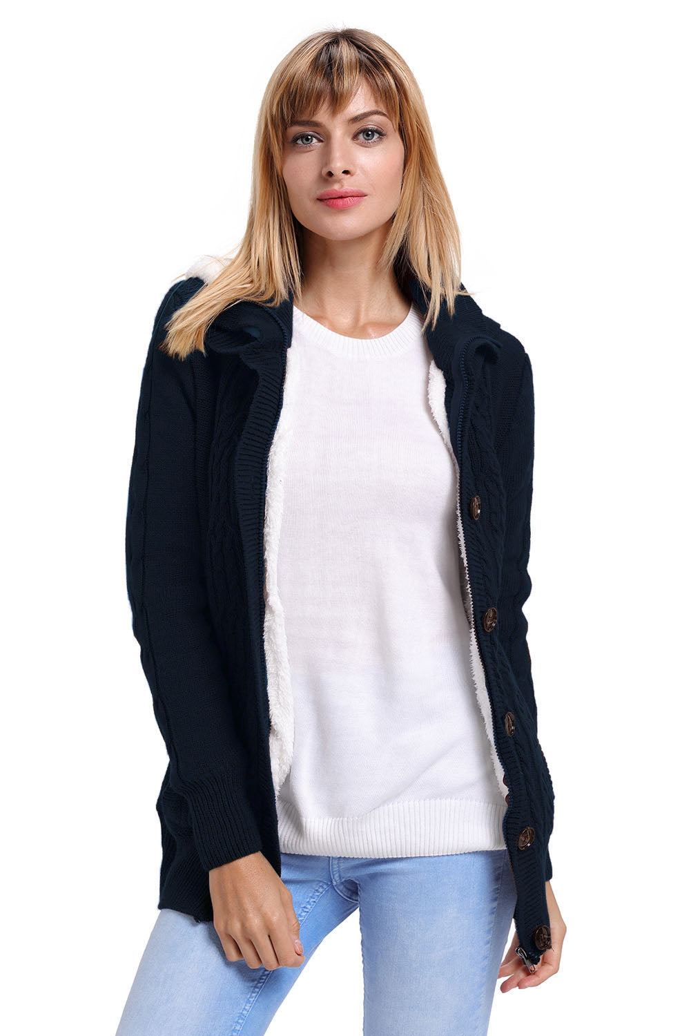 Long Sleeve Button-Up Hooded Cardigans | Navy Blue