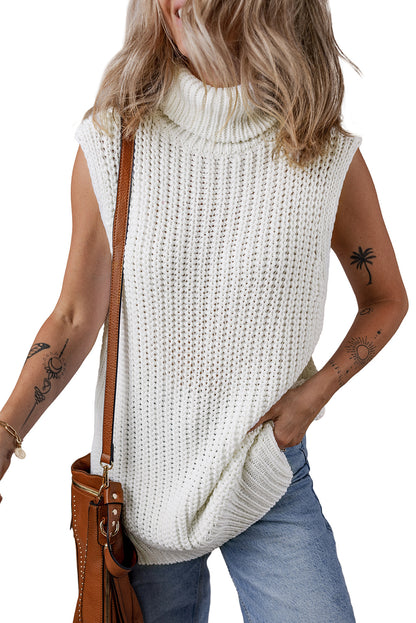 Turtleneck Knitted Slit Hem Sweater Vest | White