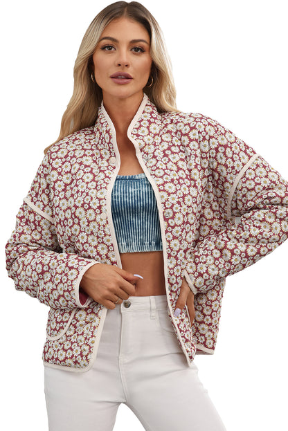 Floral Print Contrast Edge Pocketed Stand Neck Jacket | Pink