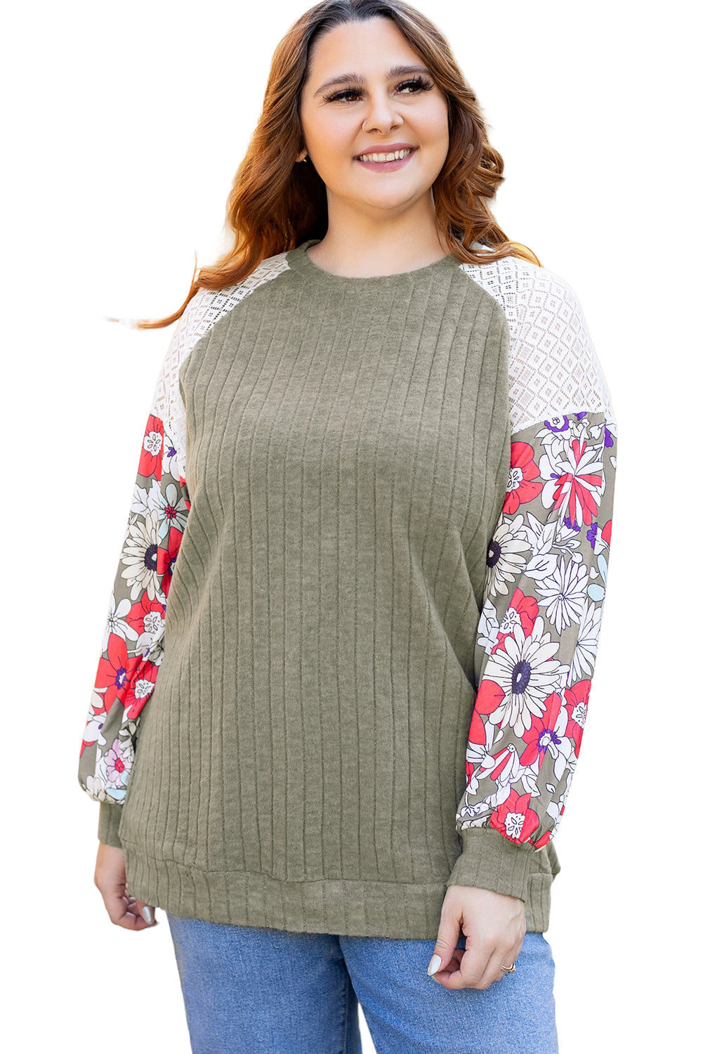 Plus Size Textured Floral Patchwork Raglan Sleeve Blouse | Vineyard Green