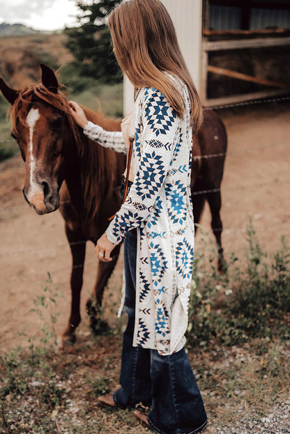 Western Aztec Printed Open Front Long Cardigan | Sky Blue