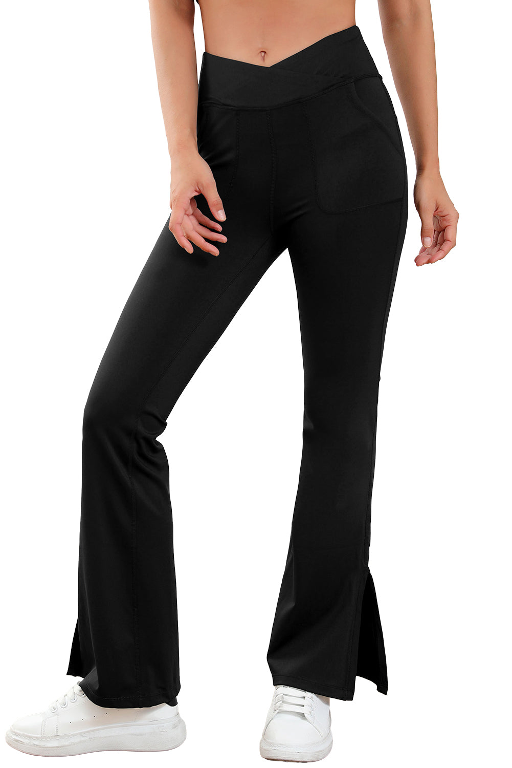 Cross Waist Pocketed Split Hem Flared Leggings | Black