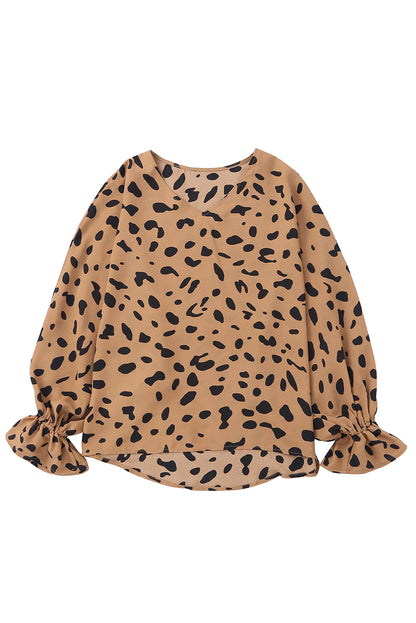 V Neck Ruffled Cuffs Loose Blouse | Leopard