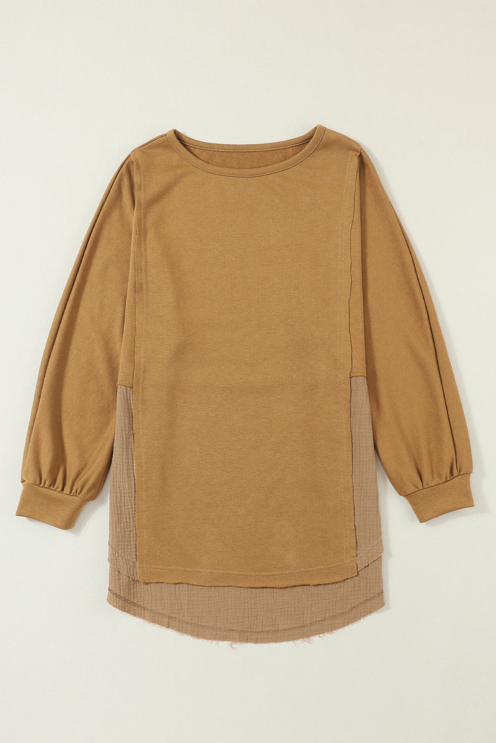 Crinkle Splicing Raw Hem High Low Oversized Blouse | Camel