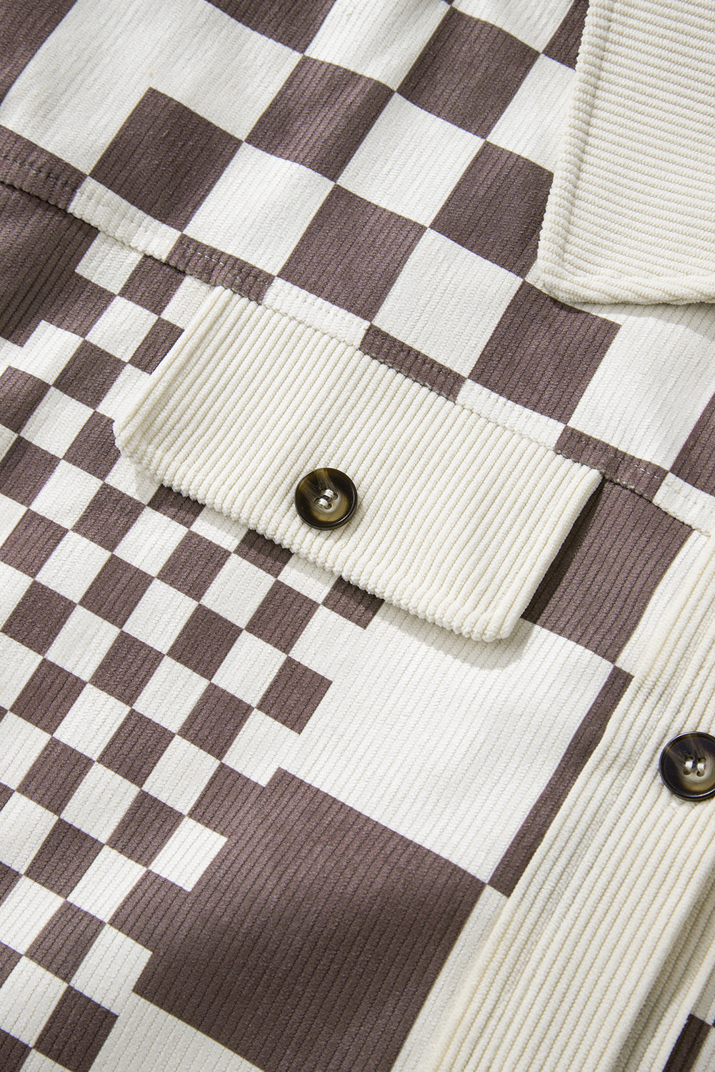 Checkered Print Patchwork Corduroy Shacket | Brown