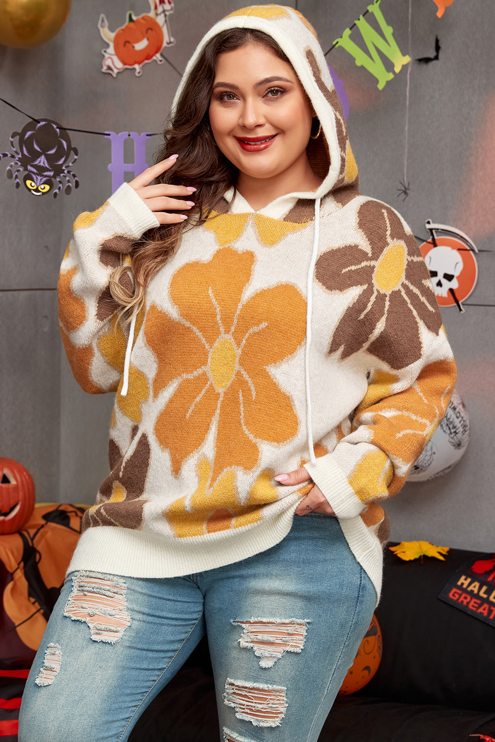 Large Flower Knitted Drawstring Hooded Plus Size Sweater | White