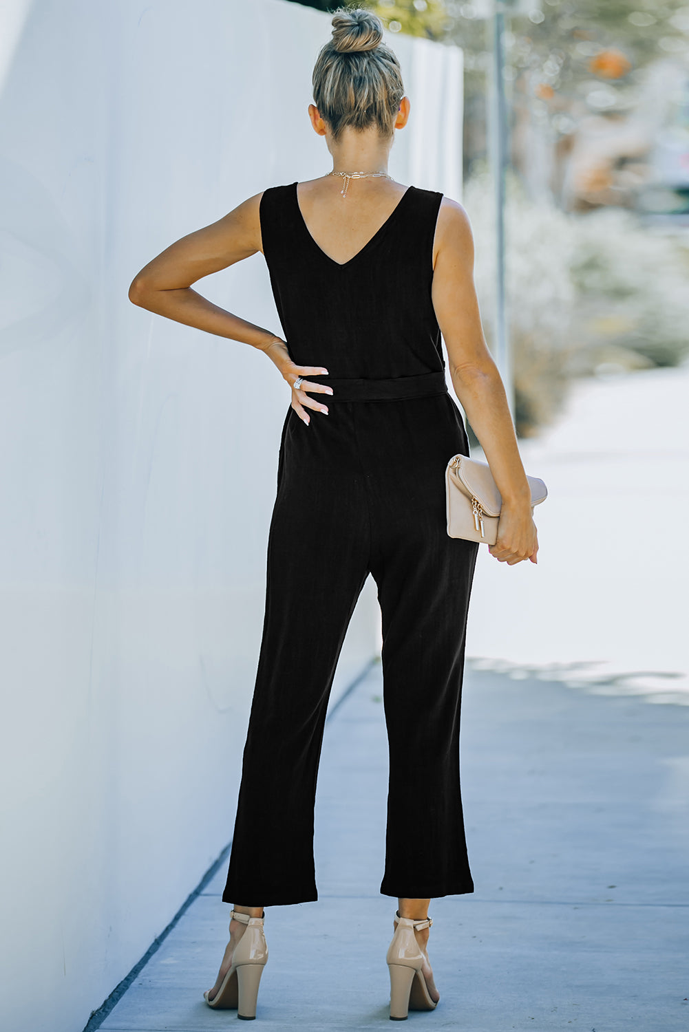 V Neck Button Belted Jumpsuit With Pockets | Black