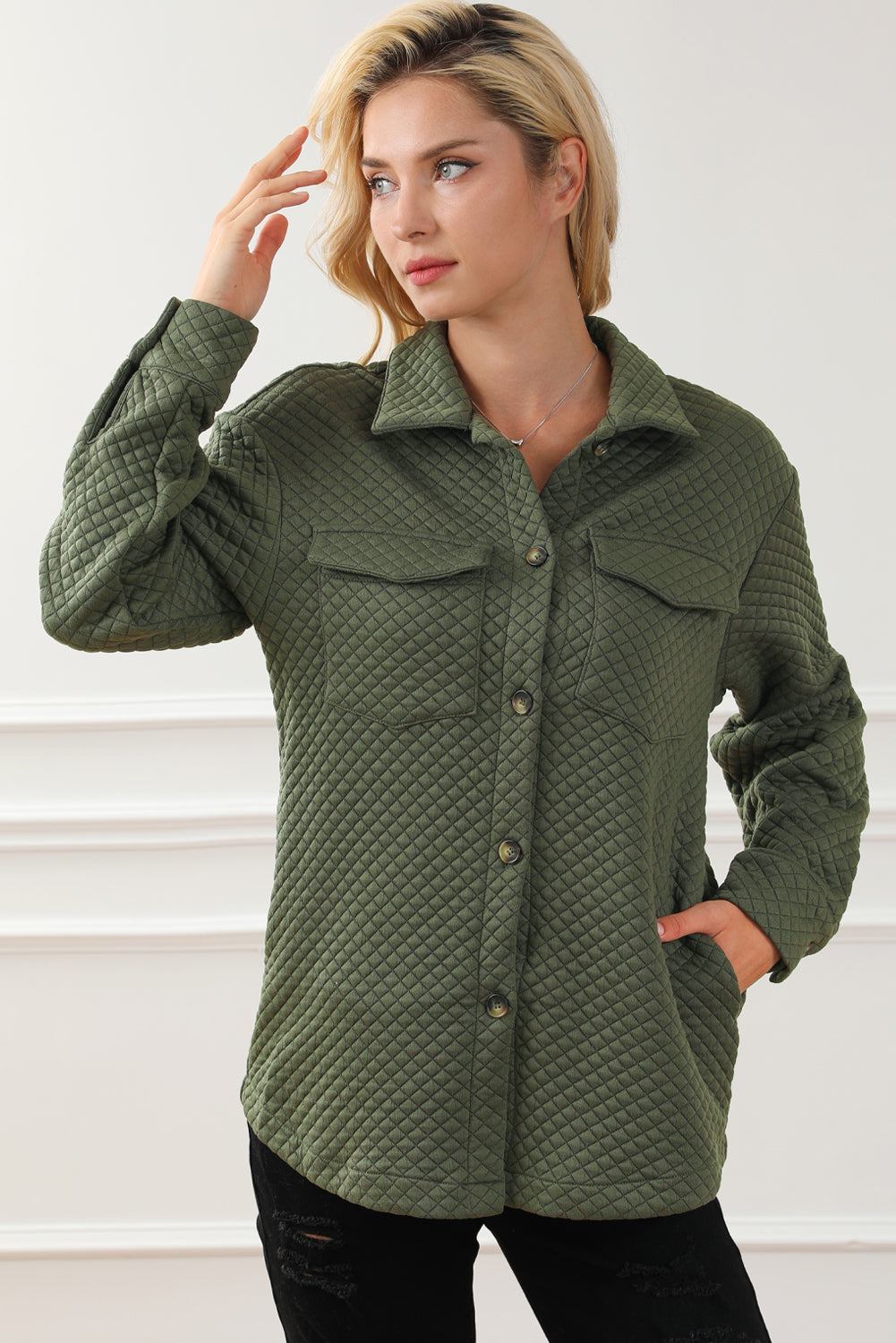 Retro Quilted Flap Pocket Button Shacket | Green