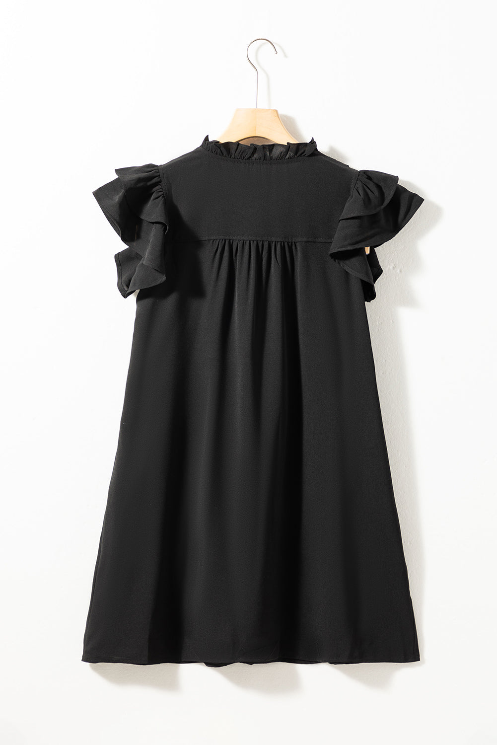 Ruffle Sleeve V Neck Frilled Shift Dress | Black