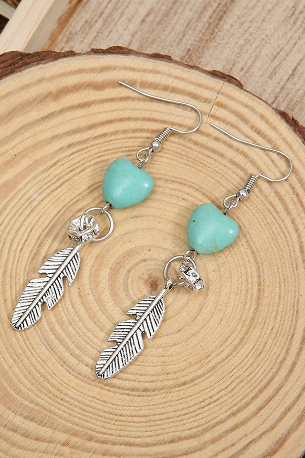 Turquoise Heart Shape Alloy Feather Drop Earrings | Silvery