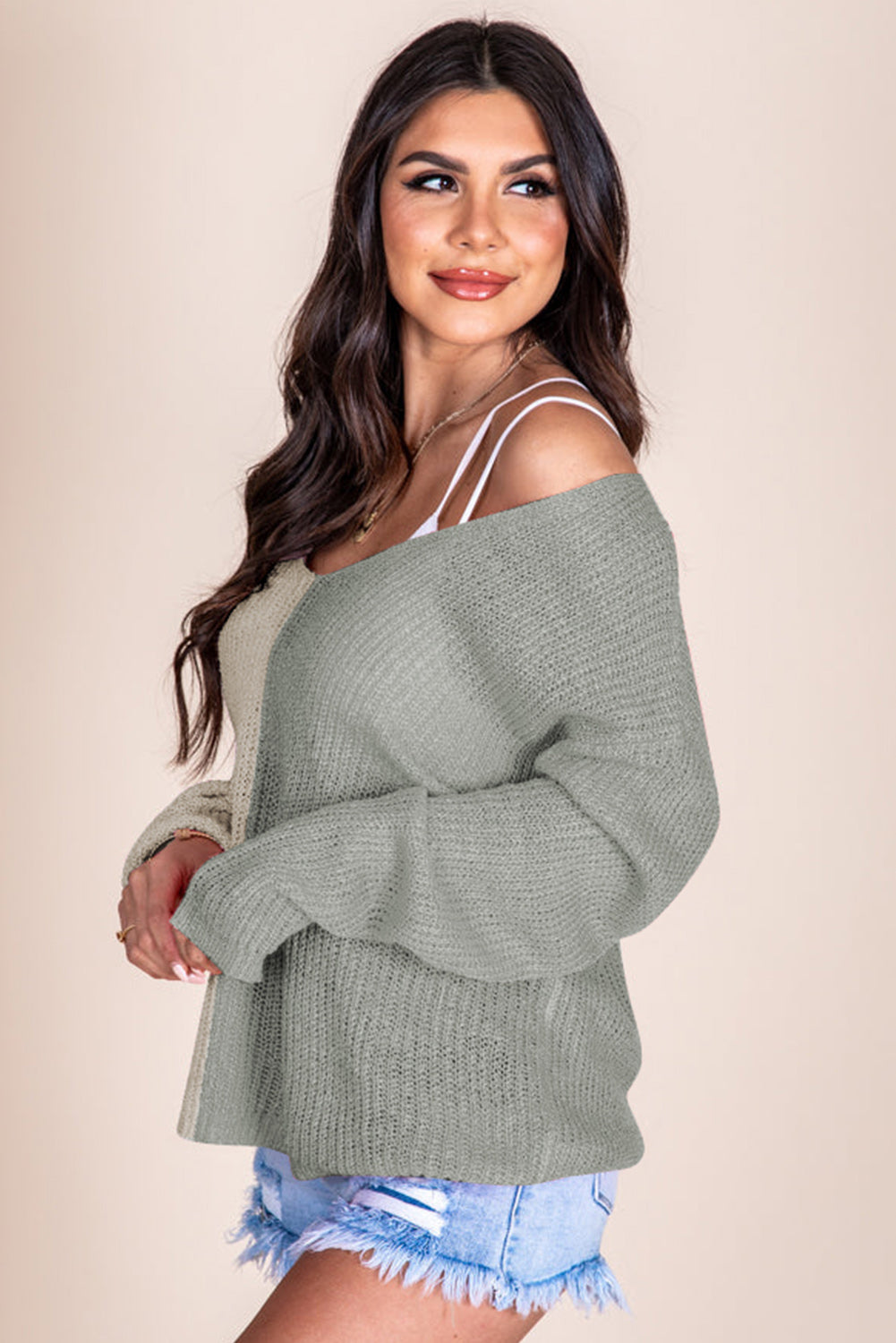 Long Sleeve V-Neck Colourblock Sweater | Gray