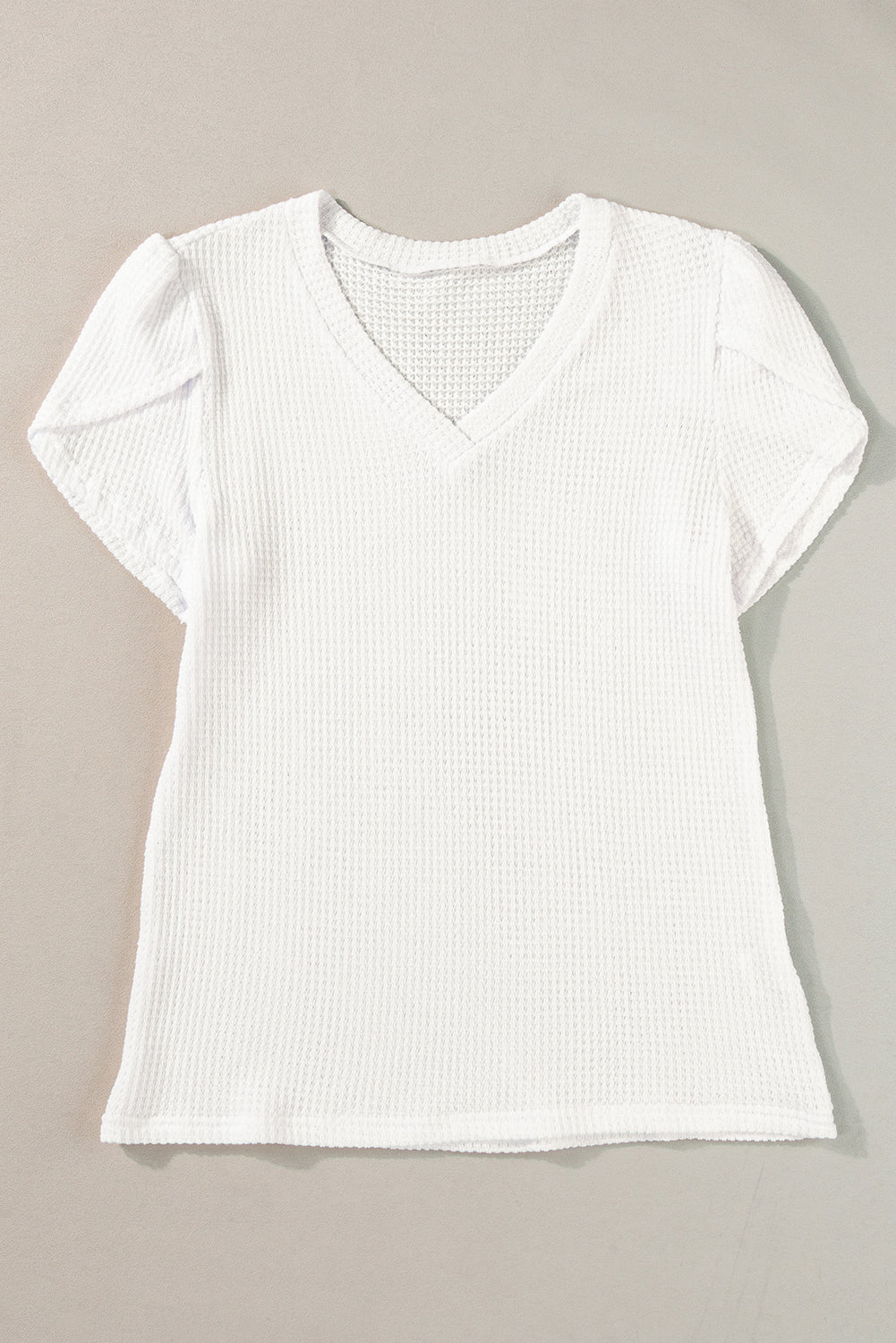 V Neck Petal Sleeve Waffle Knit T-Shirt | White