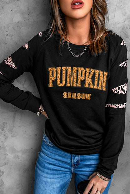 Leopard Pumpkin Season Graphic Ripped Sleeve Sweatshirt | Black