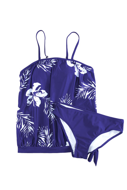 Floral Pattern Strapless Tankini Set | Blue