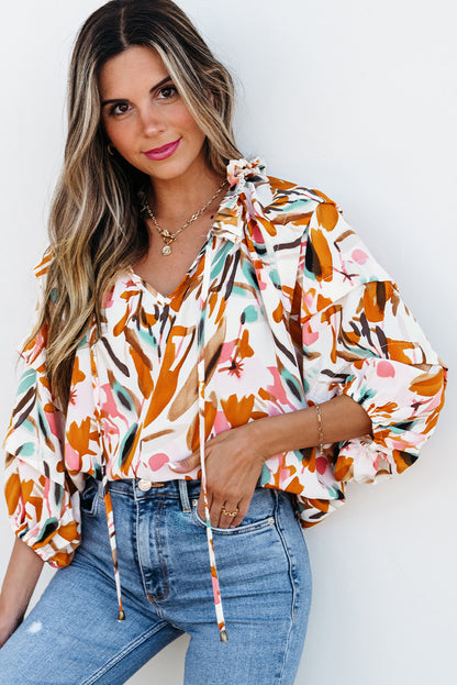 Abstract Print Drawstring Frilled V Neck 3/4 Sleeve Blouse | Yellow