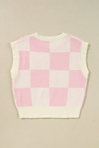 Preppy Bow Detail Checkered Sweater Vest | Pink