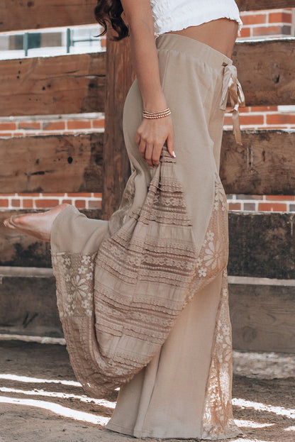 Boho Lace Patchwork Wide Leg High Waist Pants | Smoke Gray